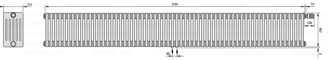 Схема (чертеж) Радиатор Zehnder Charleston 6045/60 №V008 Белый глянцевый RAL 9016
